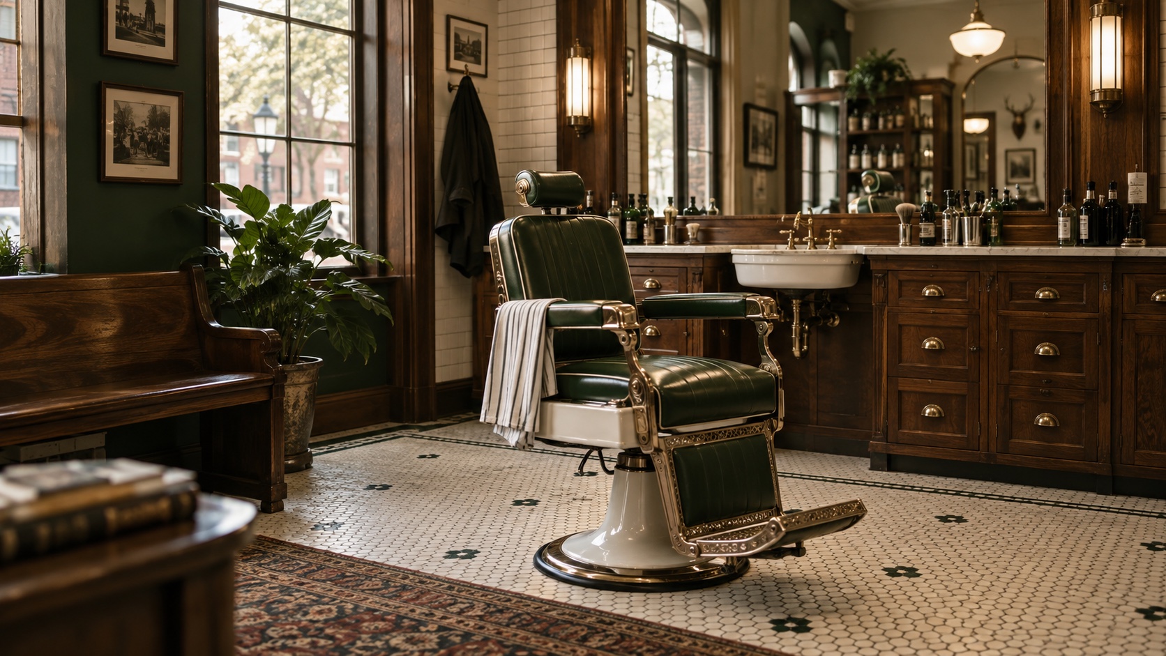 AI-generated illustrative barber shop interior, not a photo of New Creations Barber & Beauty 